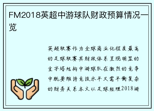 FM2018英超中游球队财政预算情况一览
