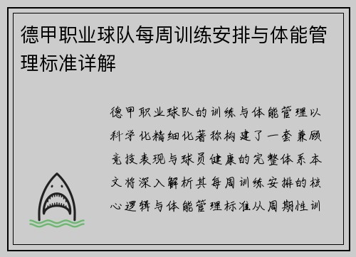 德甲职业球队每周训练安排与体能管理标准详解
