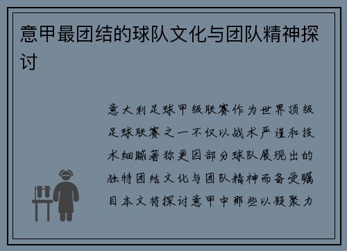 意甲最团结的球队文化与团队精神探讨